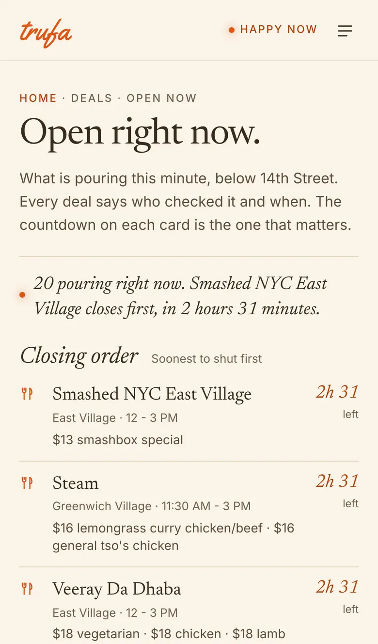 Screenshot: Open right now: every bar pouring, soonest to close first