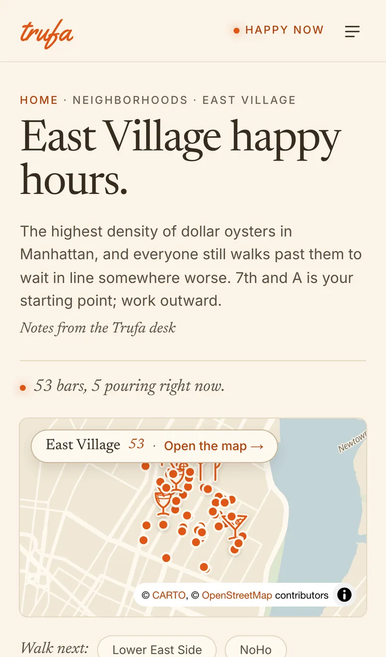 Screenshot: A neighborhood’s page: East Village happy hours